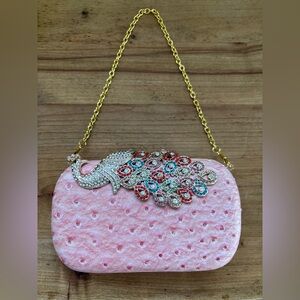 Peacock Rhinestone Pink Evening Wedding Prom Cocktail Party Faux Leather Clutch